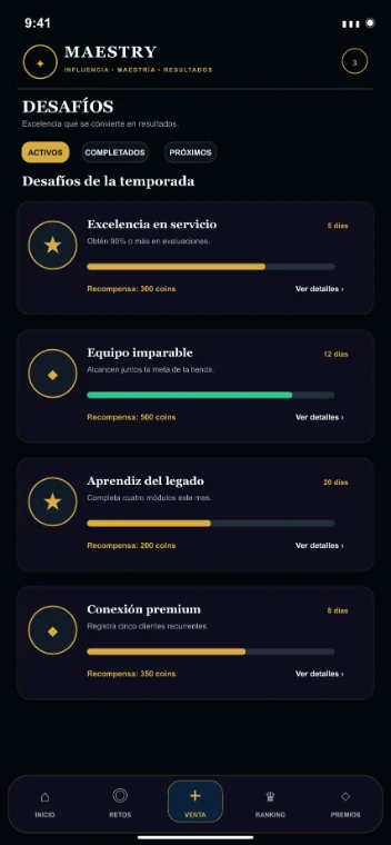 Pantalla de desafíos en la app de Maestry